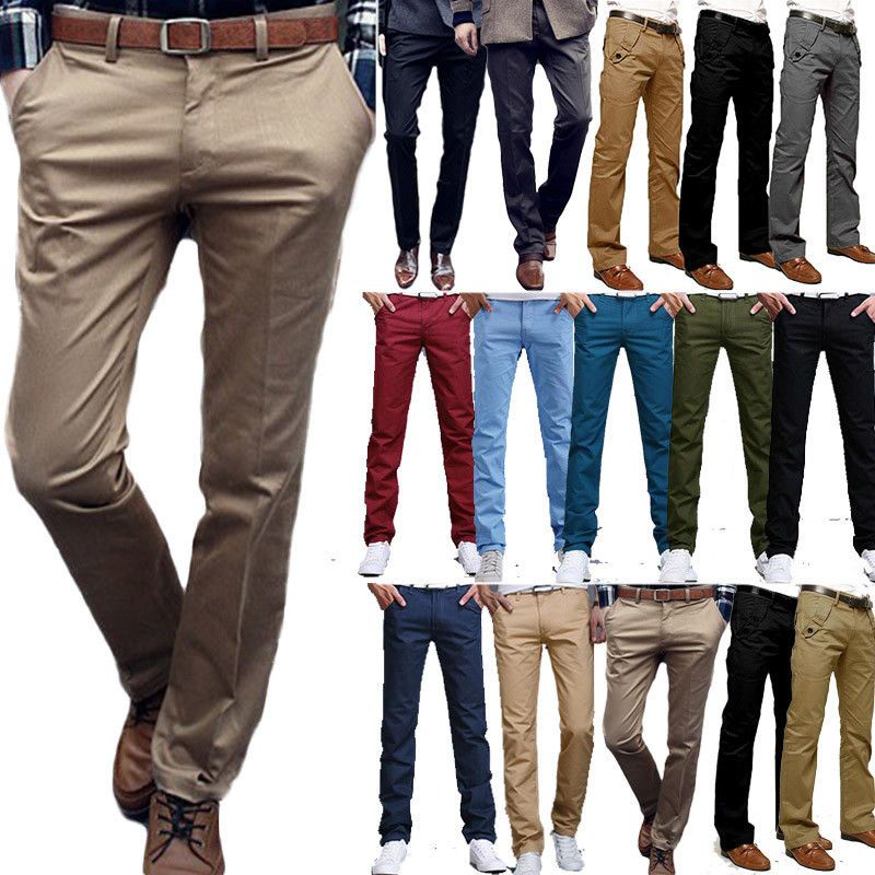 Men Cotton Pants Straight Leg Trousers Pockets Work Slim Summer Thin Plain